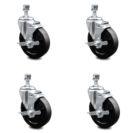 Service Caster 5 Inch Soft Rubber Wheel Swivel 12mm Threaded Stem Caster Set with Brake SCC SCC-TS20S514-SRS-TLB-M1215-4